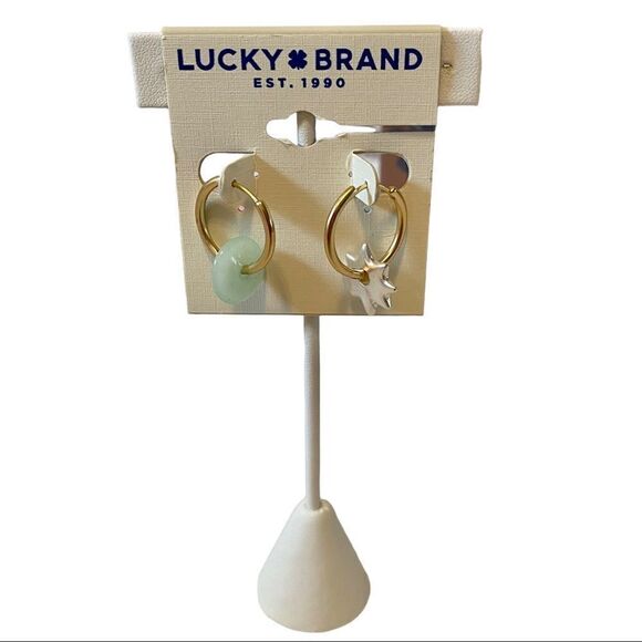 Lucky Gold Toned Hoop Dangle Earrings w/ Lt. Green round stone & Silver star. - Picture 2 of 6